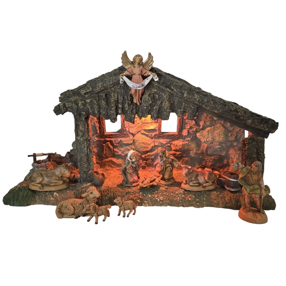 Vintage Fontanini Italy Nativity Set 10 Piece 2.5" Figure Set w/ Lighted Stable